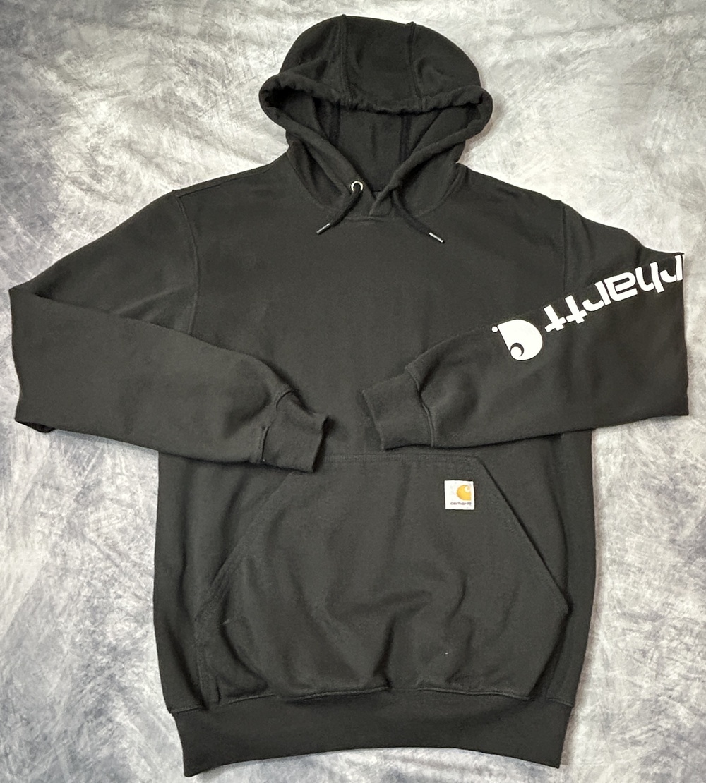 Carhartt Hoodie Mens Small Black Fleece Pullover Logo Sleeve Loose Fit Graphic